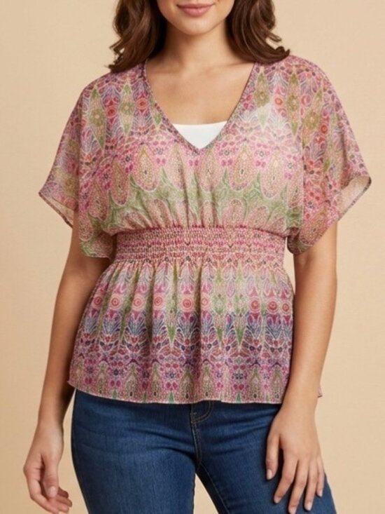 Willow & Clay Tops - Bloomingdale’s x Willow & Clay Sheer Paisley Cinched Flutter Sleeve Top S | Boho